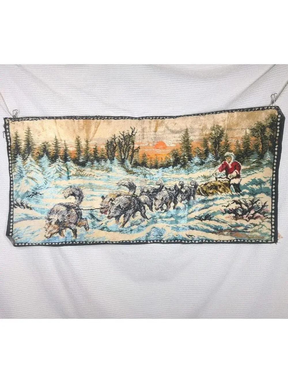 Vtg Velvet Tapestry Cotton Wall Art 41x20” Winter Sleigh Dogs Scene Retro